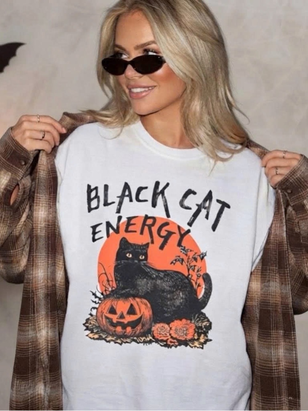 Vintage Black Cat Energy White Halloween Cat Tee